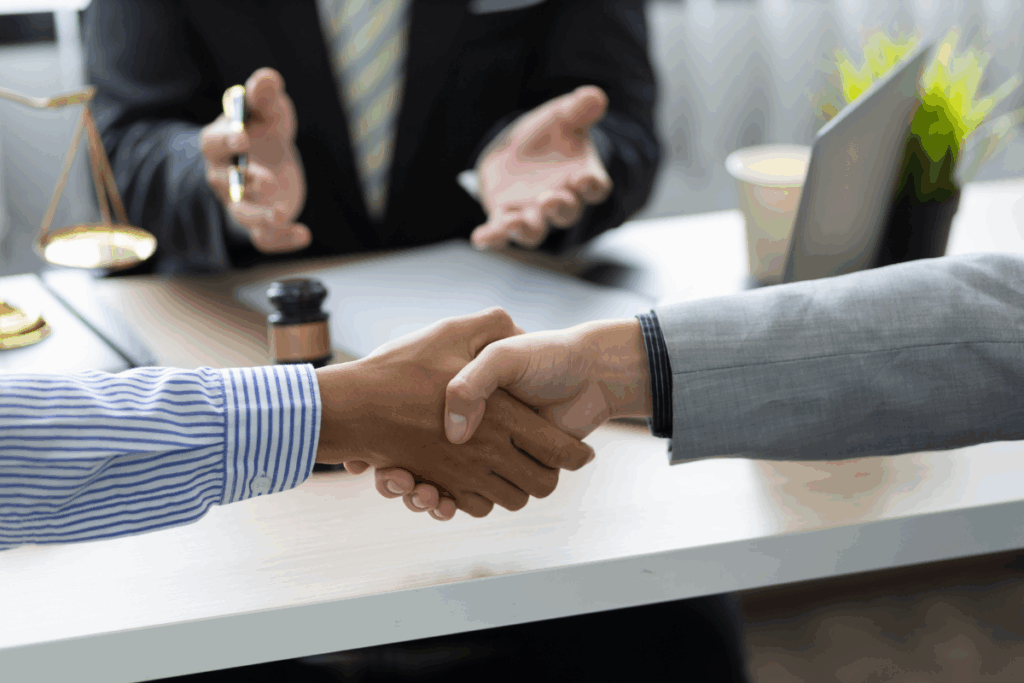 People shaking hands during mediation